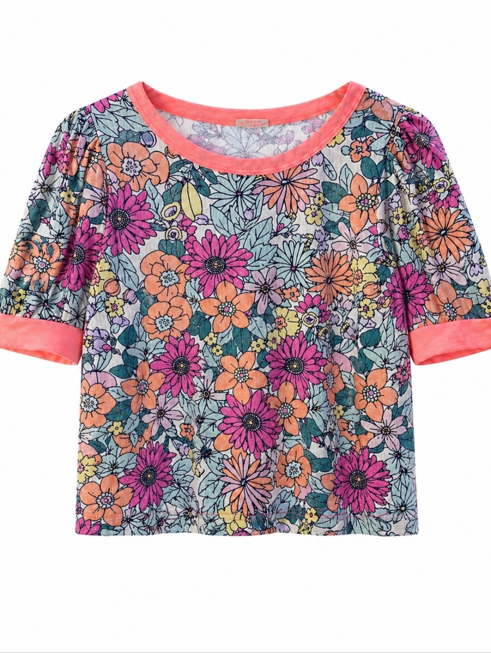 BiBi Multi-color Boho Floral Short Sleeve Top with Coral Trim Sz.M Casual Tee